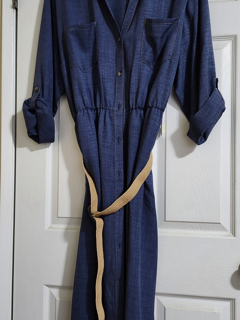 Emma & Michele Navy Midi Shirt Dress with Tan Waist Belt